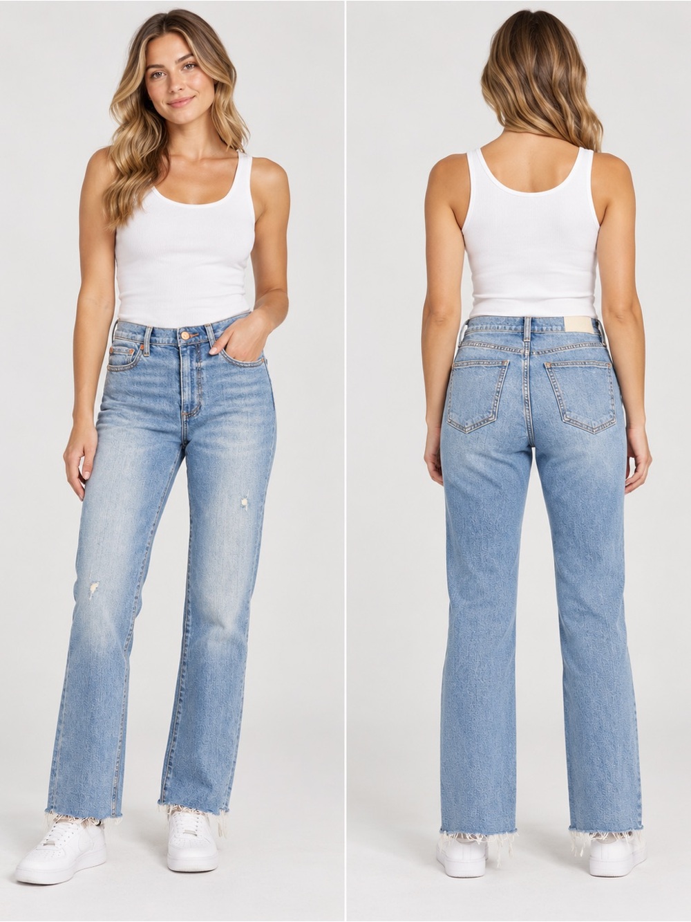 Pistola High Rise Straight Leg Light Wash Jeans Raw Frayed Hem Distressed